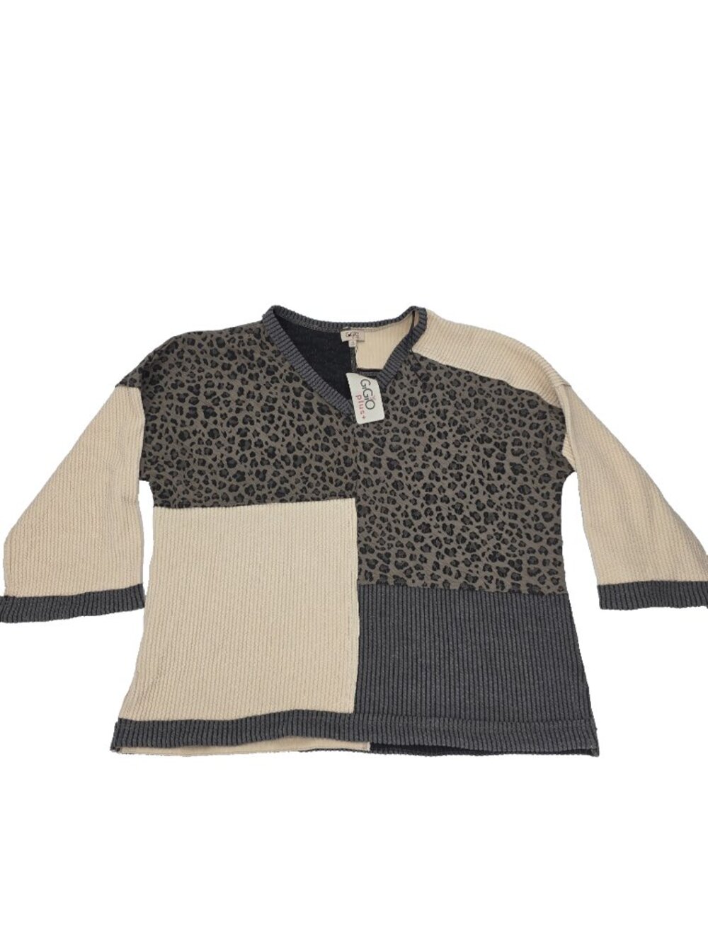 Gigio Plus + Sweater Womens 1XL Animal Print Patch Stretch V-neck Colorblock